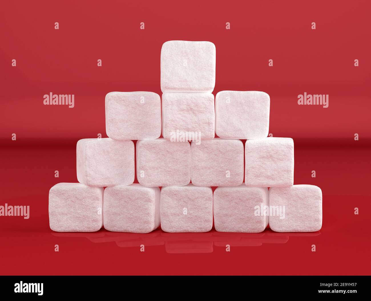 Zuckerwürfelhaufen auf rotem Grund, 3D Render Stockfoto