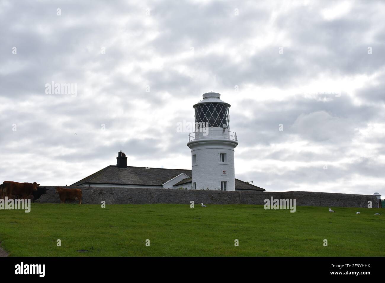 Schöner Blick auf St Bees Lighthouse an einem bewölkten Tag. Stockfoto
