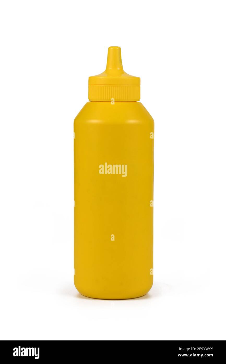 Gelbe Senf Squeeze Flasche isoliert auf weißem Hintergrund Stockfoto