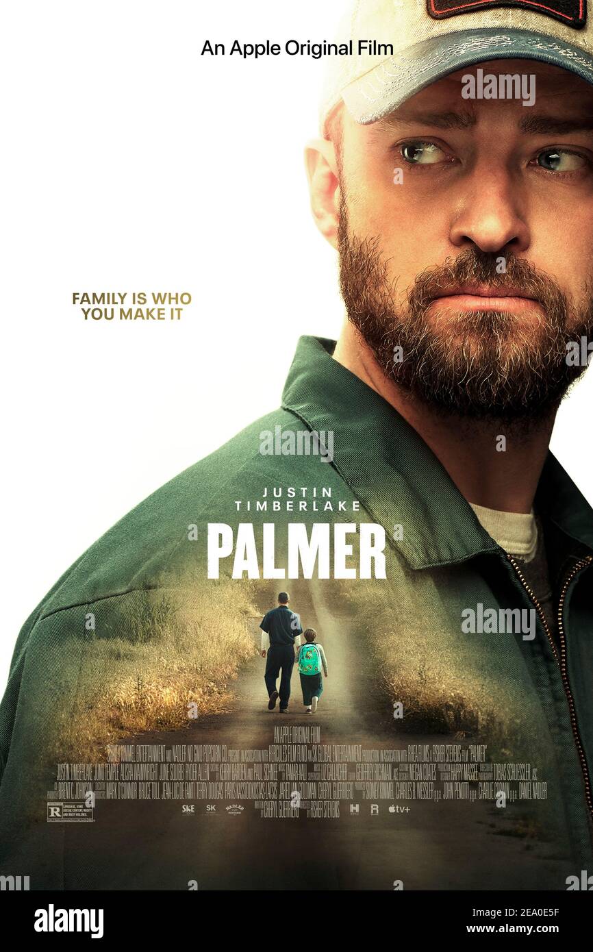 Palmer (2021) unter der Regie von Fisher Stevens mit Justin Timberlake, Ryder Allen und Alisha Wainwright. Ein Ex-Sträfling trifft eine Freundschaft mit einem unruhigen Jungen aus einem unruhigen Haus. Stockfoto