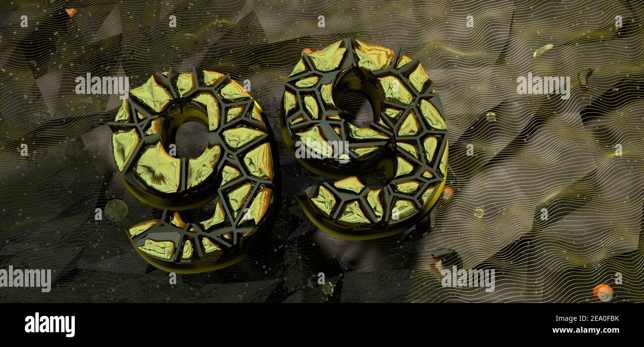 Entwurf der Nummer 99 aus goldenen Steinen auf dunklem Steingrund mit gelben Linien mit Wassertropfen und Glaskugeln. 3D Abbildung Stockfoto