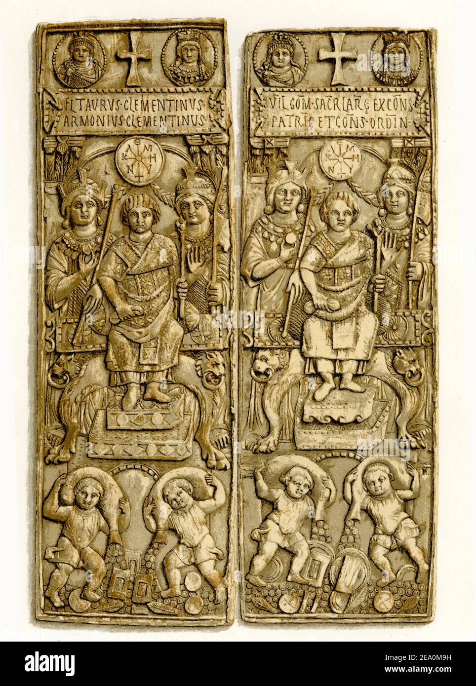Diese Abbildung aus dem Jahr 1880s zeigt ein Diptychon (Objekt mit zwei flachen Platten, die ein Paar bilden, oft mit Scharnier befestigt) eines Comes Largitionum Sacrarum, eines der führenden Finanzbeamten des späten Römischen Reiches und des frühen Byzantinischen Reiches. Die Insignien des Comes largitionum sacrarum in der Notitia Dignitatum (Einzelheiten über die administrative Organisation der östlichen und westlichen römischen Imperien): Geldsäcke und Erzstücke, die seine Kontrolle über Minen und Münzstätten, und der Kodex seiner Ernennung auf einem Stand. . Stockfoto