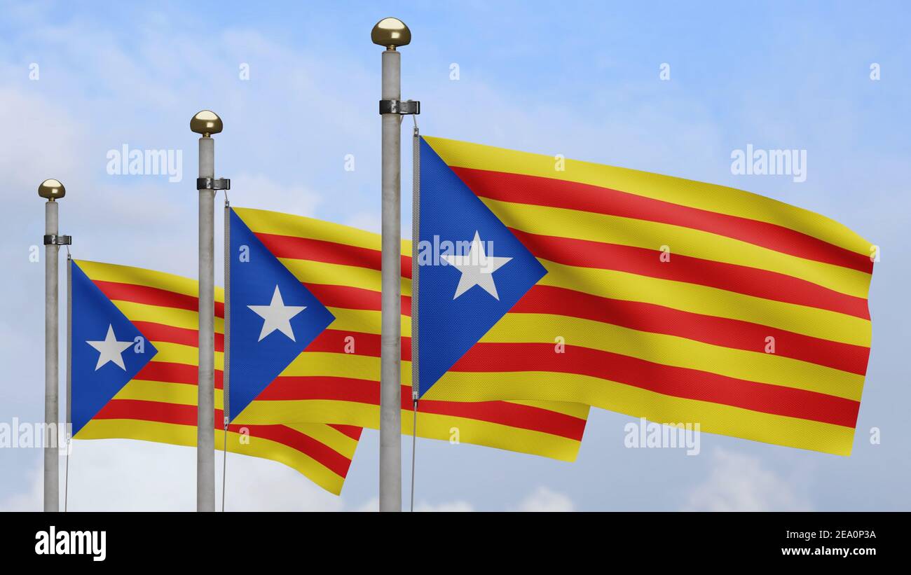 Katalonien unabhängige Flagge winkt im Wind mit blauen Himmel Wolke. Katalanische estelada Banner weht weiche Seide. Stoff Stoff Textur Fähnrich Hintergrund. Verwenden Stockfoto