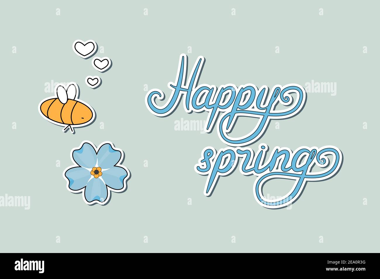 Happy Spring Schriftzug Text. Blaue Vergissmeinnicht-Blume ist auf pastellblauem Hintergrund. Gelbe isolierte Biene ist verliebt, Herzen sind um. Elemente haben Stock Vektor