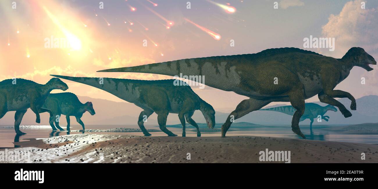 Asteroiden regnen auf Dinosauriern Stockfoto