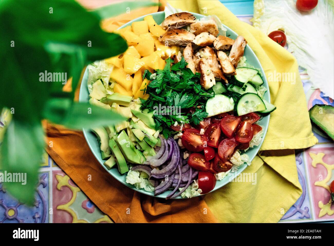 Hausgemachter Paleo-Salat mit gegrilltem Hähnchenfleisch, Mangofruchtfleisch und frischem Gemüse Zutaten: Avocado, Tomaten, Kirsche, Gurke, Kissenholz, Petersilie und Stockfoto