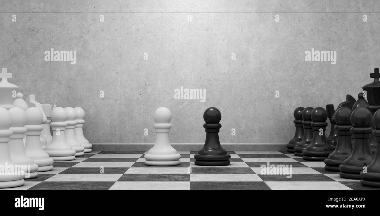 Schachbrett mit Schachfiguren auf dem Hintergrund einer grauen Betonwand. Das Spiel beginnt. Strategie und Wettbewerbskonzept. 3 D-Abbildung. Stockfoto