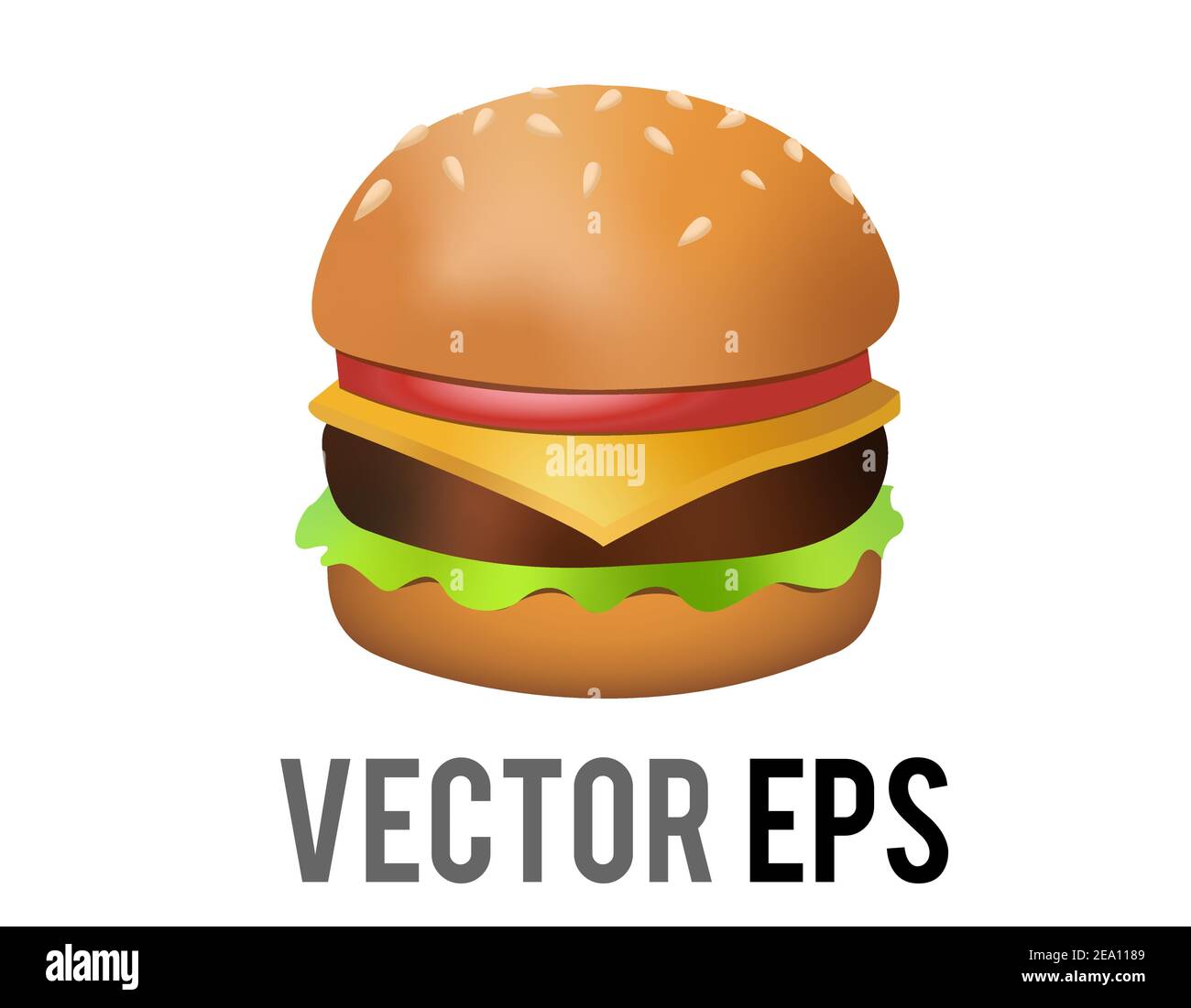Der isolierte Vektor Cheeseburger Symbol mit Burger Rindfleisch Patty, Sesam Brötchen, Käse, Salat, Tomaten Stock Vektor