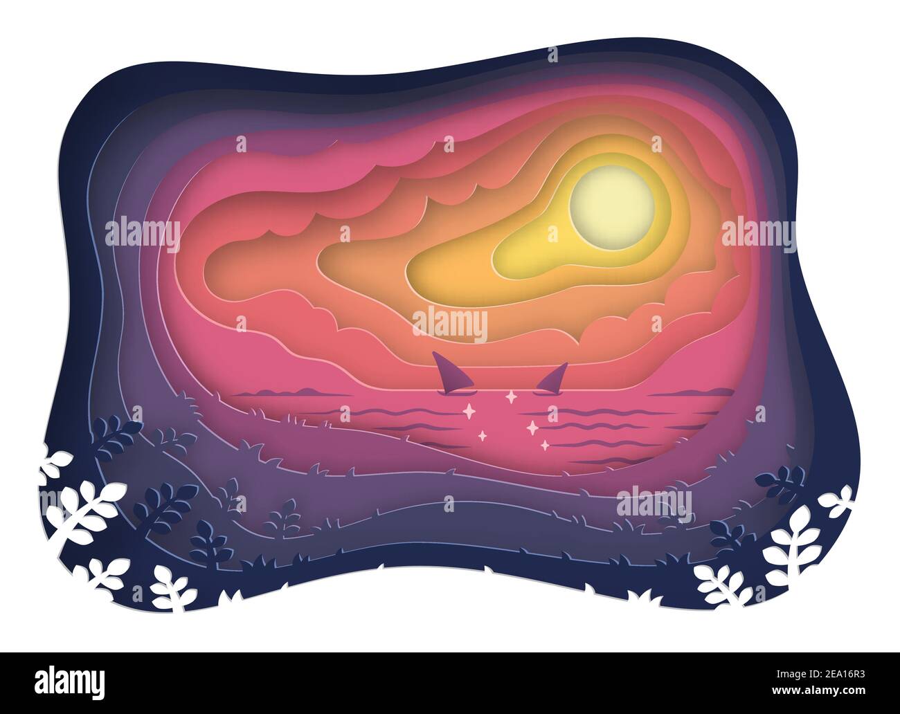 Papierschnitt mit Meerblick und Sonnenuntergangslandschaft mit Segelboot Auf dem Meer, Papierkunst Stil, Vektor und Illustration Stock Vektor