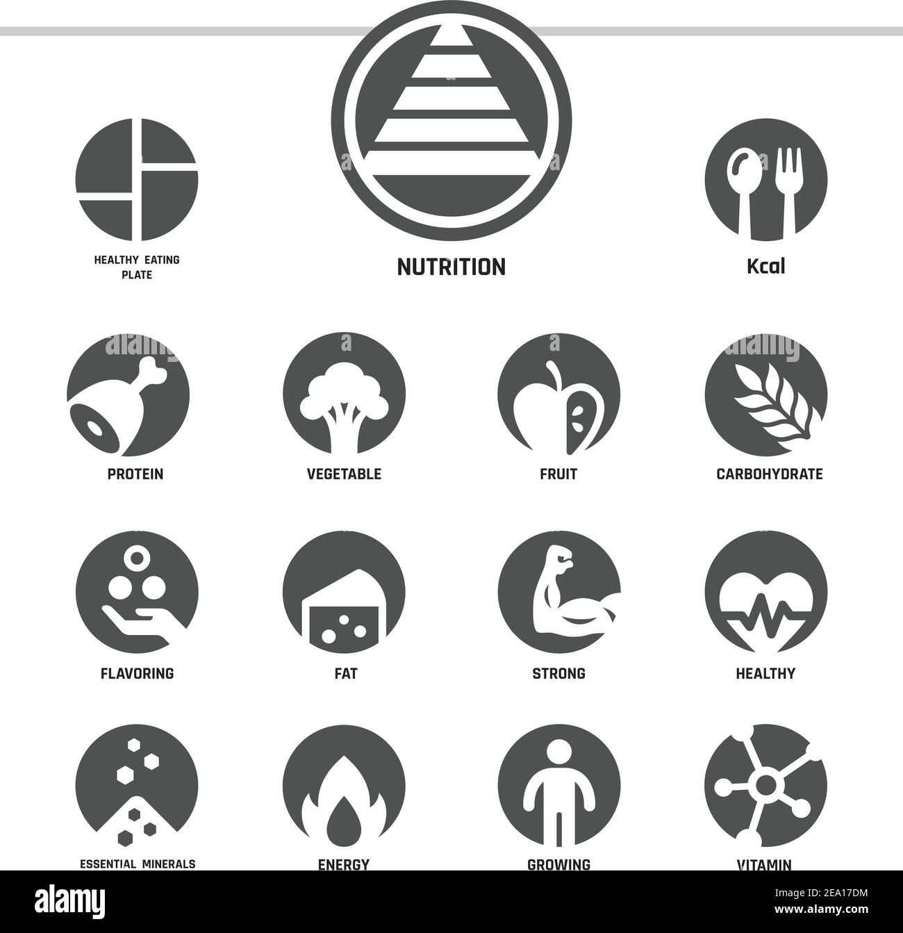 Ernährung, inverser flacher Stil, Symbolsatz Stock Vektor