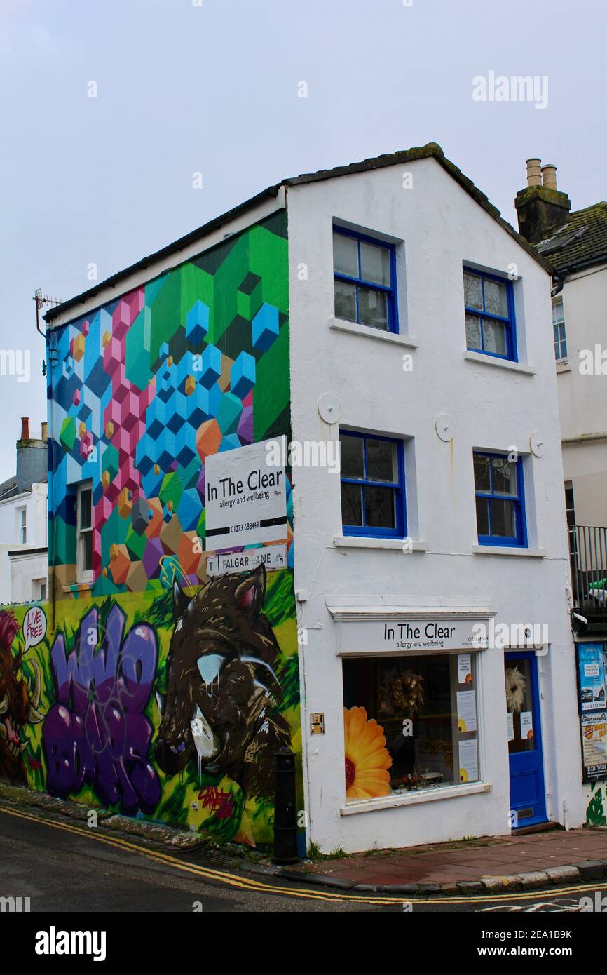Wandgemälde an der Seite eines Brighton-Shops während des Schließens Stockfoto