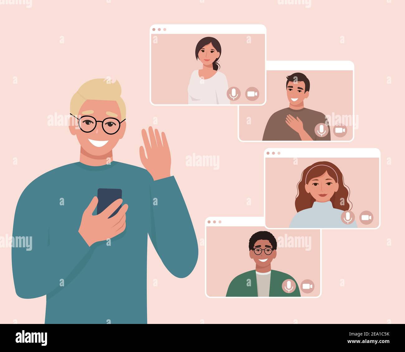 Videokonferenz am Telefon mit Freunden oder Kollegen. Vektorgrafik im flachen Stil Stock Vektor