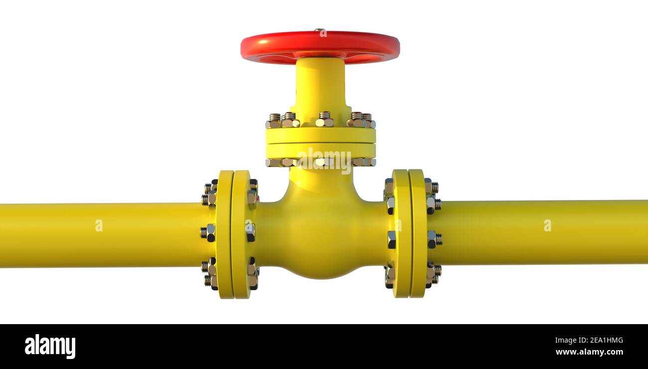 Rohrleitungsarmatur der Öl- und Gasanlage Industrie-Pipeline und Ventil mit rotem Rad isoliert Ausschnitt auf weißem Hintergrund, Banner, Vorderansicht. 3D illustratio Stockfoto