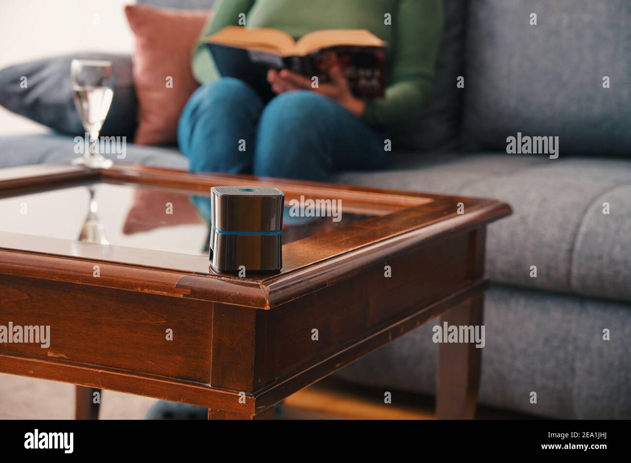 Bluetooth-Lautsprecher vor der Frau auf einem Sofa sitzen Und lesen Stockfoto