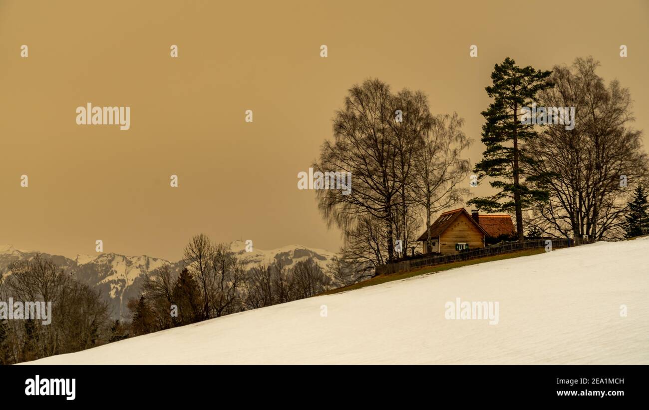 Winter Landschaft mit Sahara Sandwolke, Landschaft mit sandigen Wolken und verschneiten Bergen, Schneefeld und Wäldern. Säntis und Alpstein im Hintergrund Schnee Stockfoto