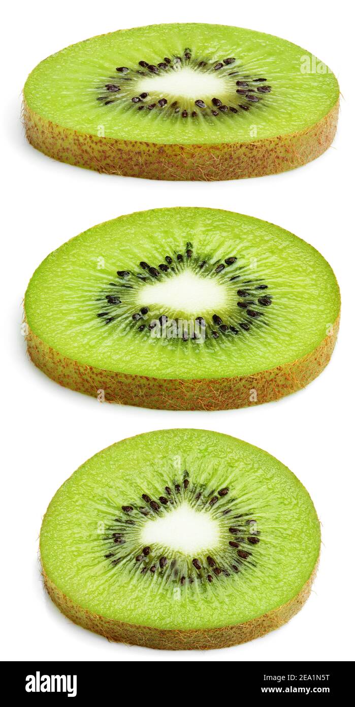 Set von Kiwi Obst Scheiben isoliert auf weißem Hintergrund. Volle Schärfentiefe. Stockfoto