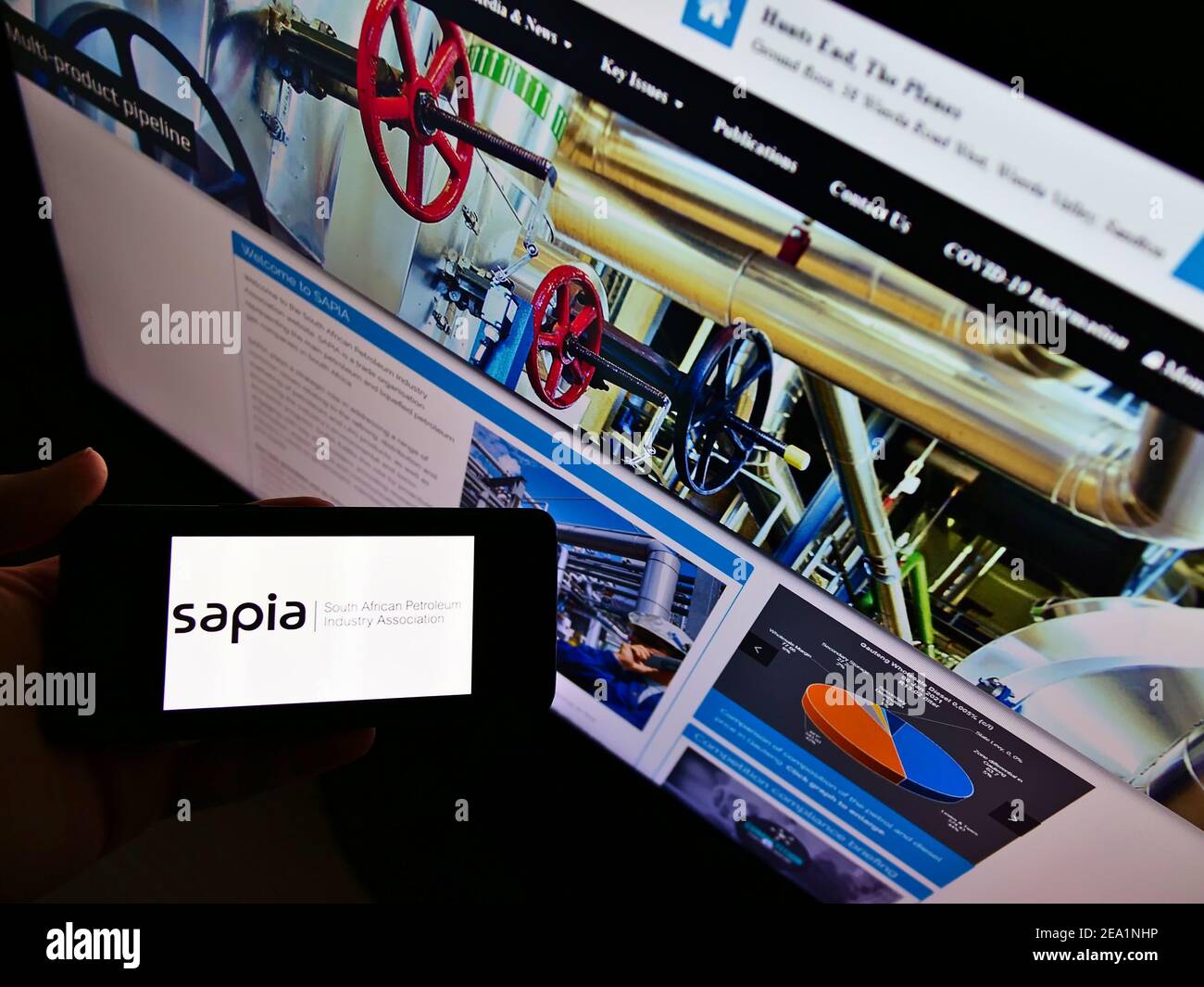 Person hält Smartphone mit Logo der South African Petroleum Industry Association (SAPIA) auf dem Bildschirm vor der Website. Konzentrieren Sie sich auf die Telefonanzeige. Stockfoto