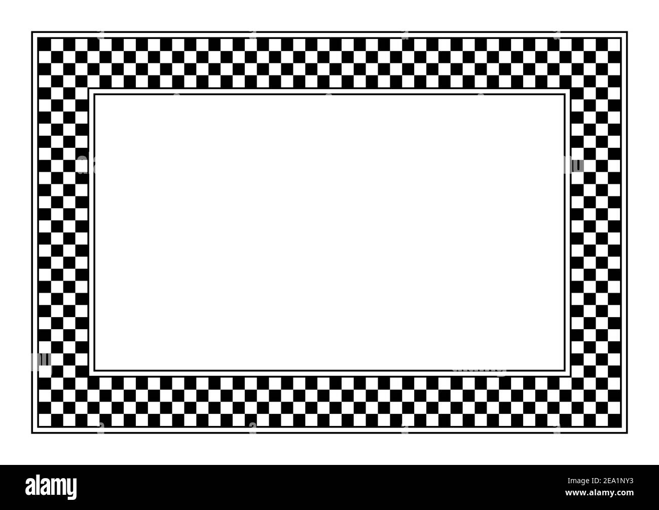 Schachbrettmuster, rechteckiger Rahmen. Ein karierter Musterrahmen, der aus einem Schachbrettdiagramm besteht, das aus schwarzen und weißen alternierenden Quadraten besteht. Stockfoto