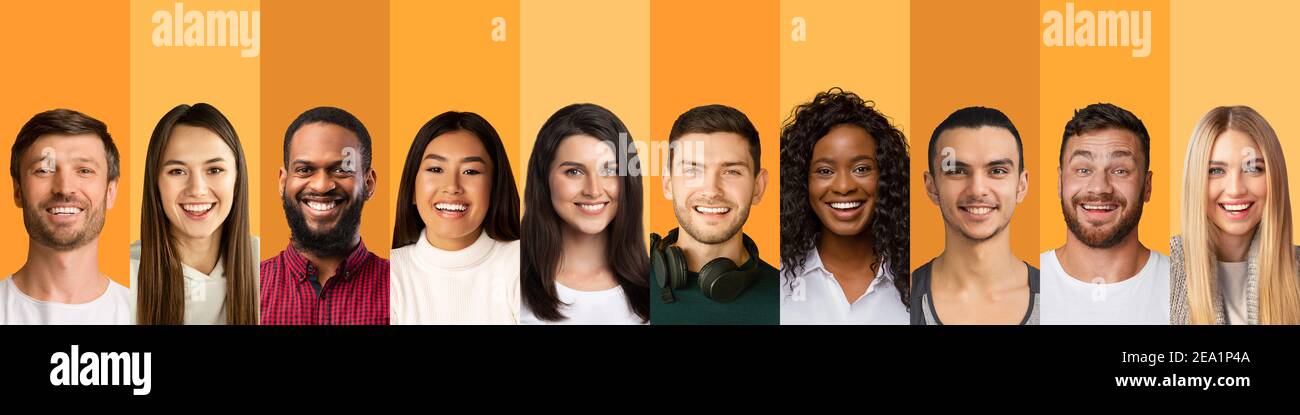 Multiethnisches Gemeinschaftskonzept. Collage von positiven verschiedenen Menschen Gesichter über Farbe Studio Hintergründe, Panorama Stockfoto