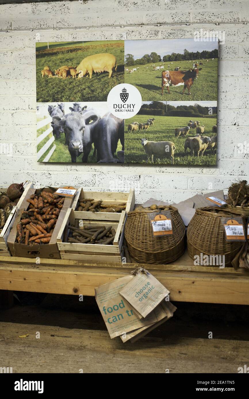 Der Schuppen Veg auf der Duchy Home Farm in der Nähe von Tetbury verkauft Bio-Produkte aus dem Bauernhof und andere lokale Produkte, Gloucestershire, England Stockfoto