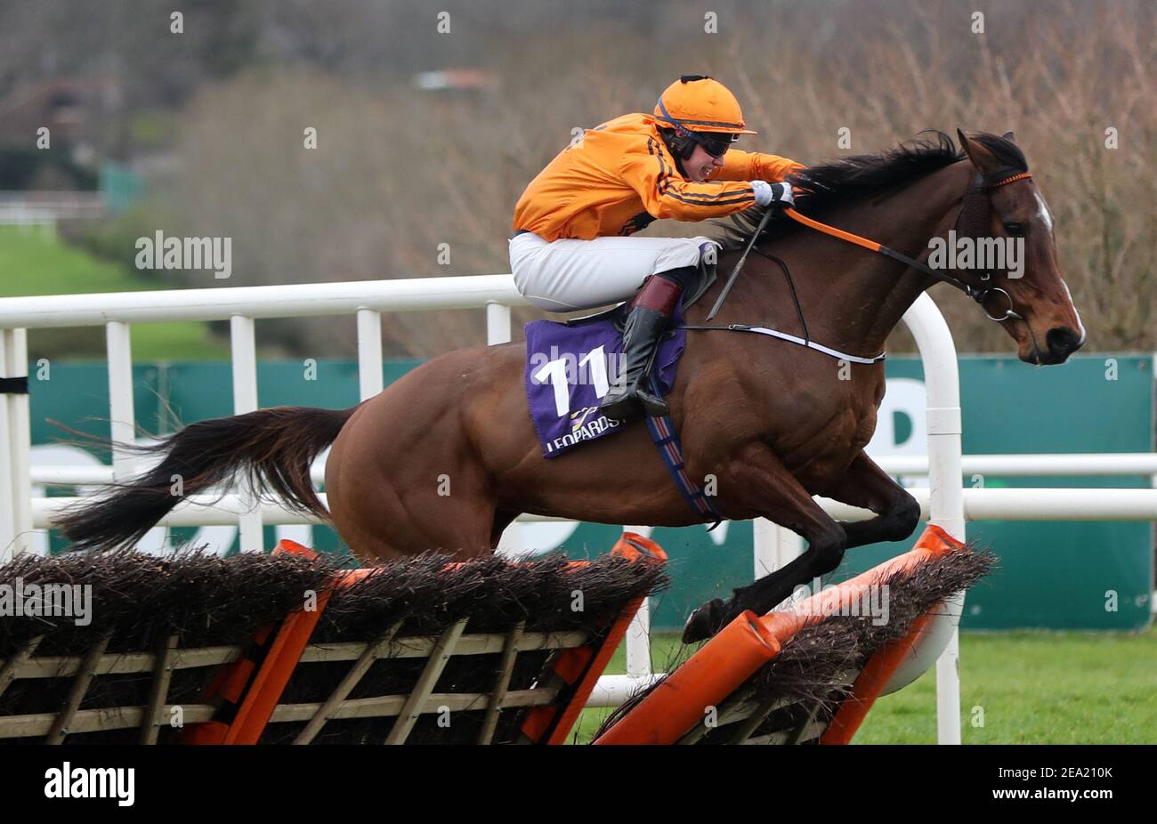 Himmel Hilf uns, von Richard Condon geritten, einen Zaun zu räumen, bevor du die irische Hengst Farms EBF Paddy Mullins Mares Handicap-Hürde am zweiten Tag des Dublin Racing Festivals auf der Leopardstown Racecourse gewinnst. Bilddatum: Sonntag, 7. Februar 2021. Stockfoto