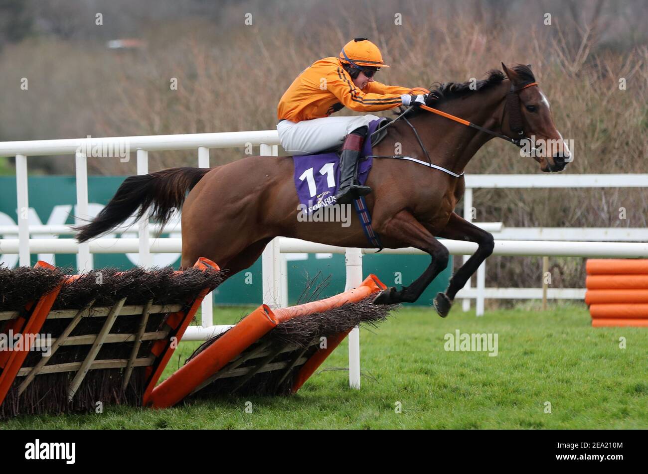 Himmel Hilf uns, von Richard Condon geritten, einen Zaun zu räumen, bevor du die irische Hengst Farms EBF Paddy Mullins Mares Handicap-Hürde am zweiten Tag des Dublin Racing Festivals auf der Leopardstown Racecourse gewinnst. Bilddatum: Sonntag, 7. Februar 2021. Stockfoto