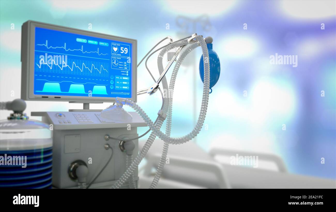 ITS-Lungenventilator in der Klinik, cg Medical 3D Illustration Stockfoto