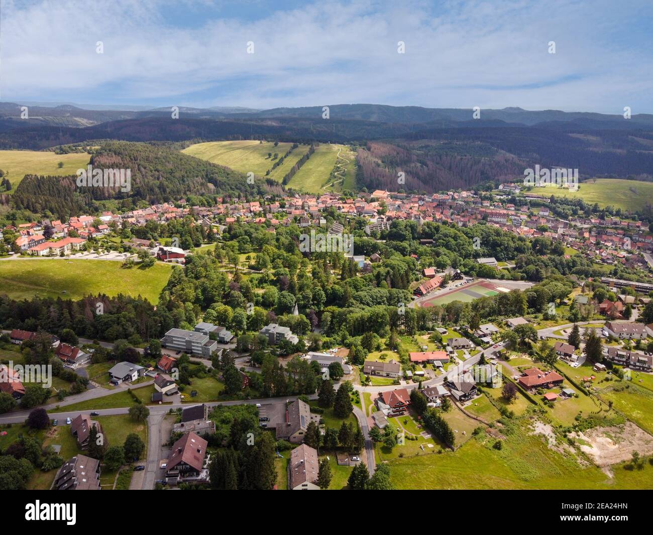 Luftaufnahme von Sankt Andreasberg im Harz, Niedersachsen, Deutschland. Stockfoto
