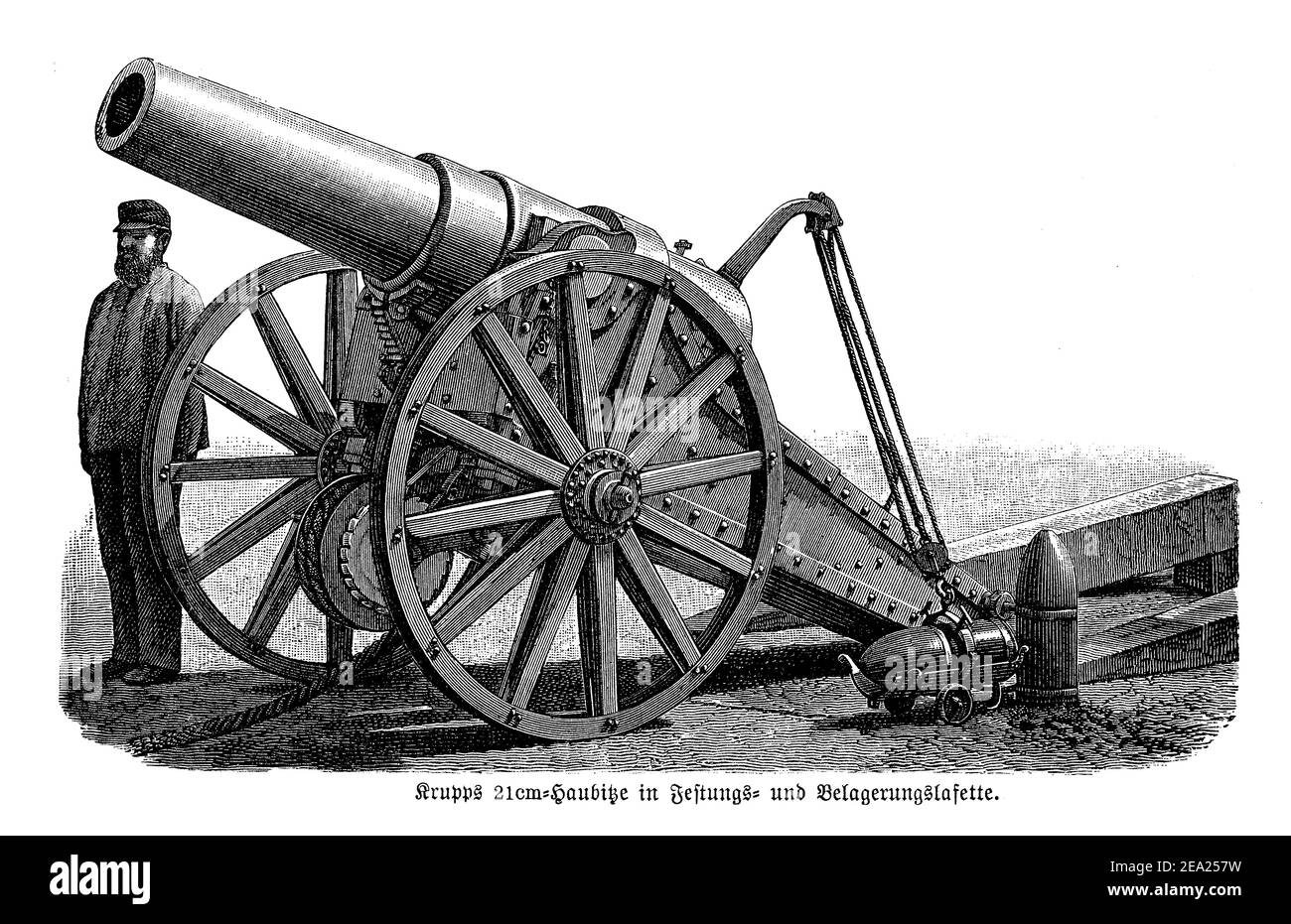 Krupp 21cm. Haubitze montiert Waffe (Lafette) für Belagerung und befestigte Verteidigung Stockfoto