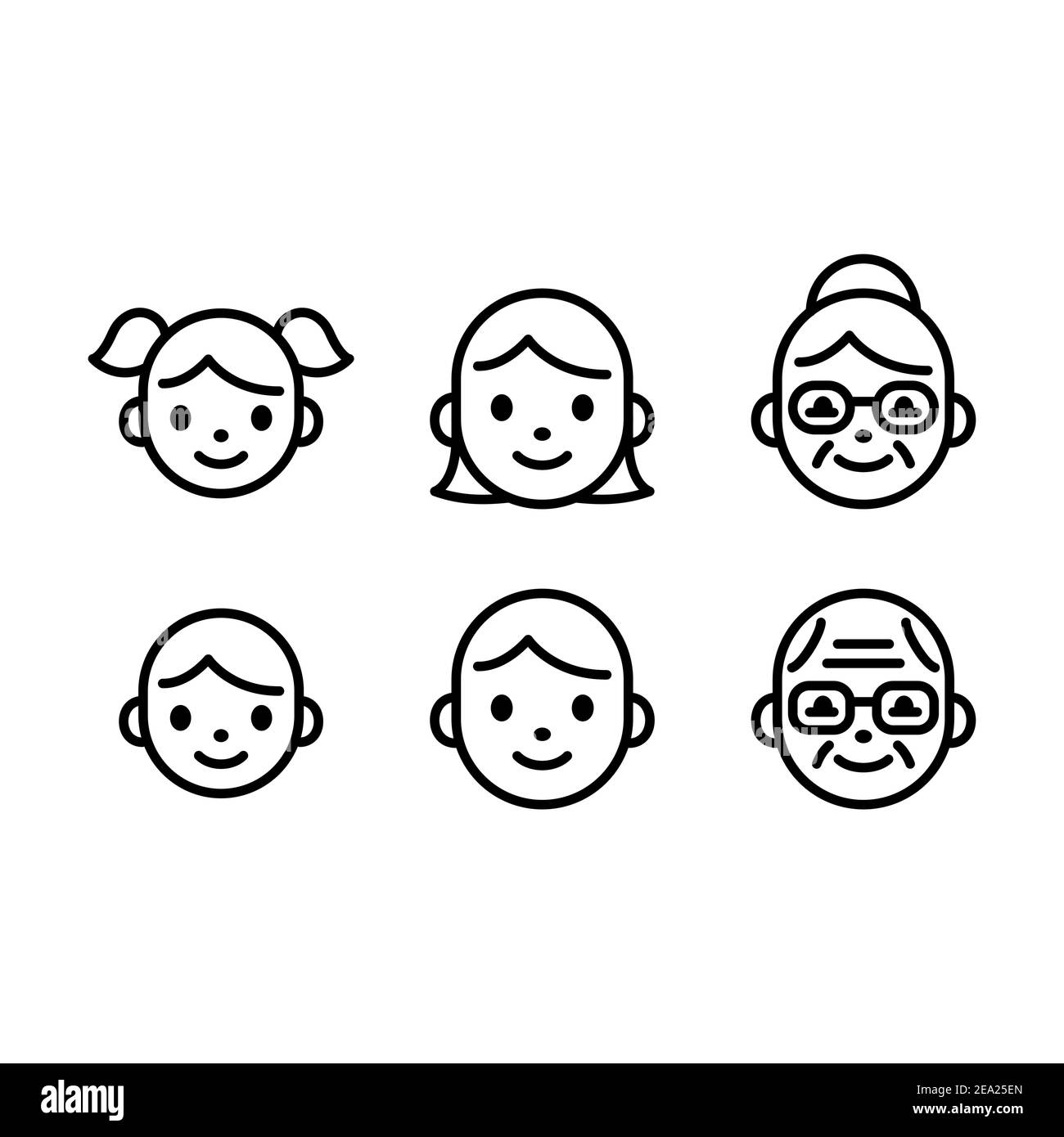 Nette und einfache Menschen Gesicht Icon-Set. Liniensymbole für Kinder, Erwachsene und ältere Männer und Frauen. Junge und Mädchen, Mann und Frau. Stock Vektor