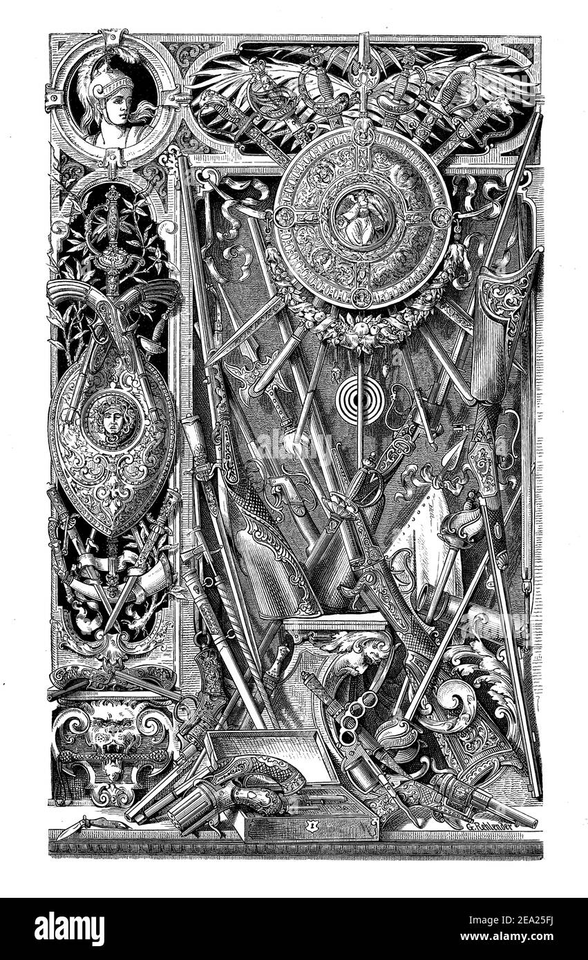 Typografie, ornamentaler Triumph der Waffen: Eine Palette von Feuerwaffen und Blaswaffen, die als Triumph um einen Schild mit mythologischen Symbolen im Renaissance-Stil angeordnet sind Stockfoto