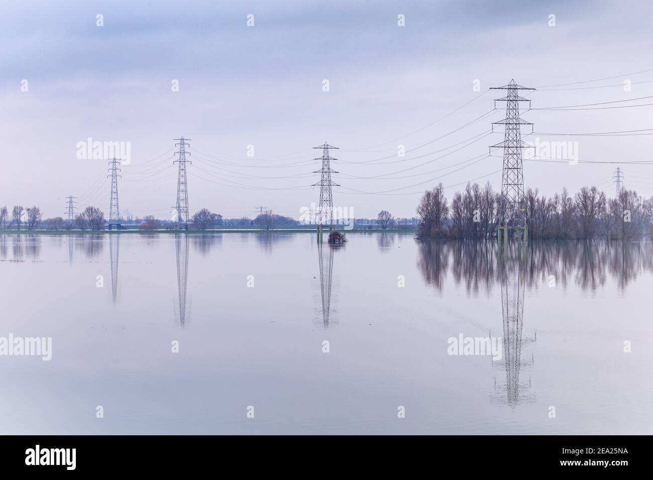 Stromleitungen und Masten überschwemmt während Hochwasser in der Rheinear Wageningen, Gelderland in den Niederlanden Stockfoto