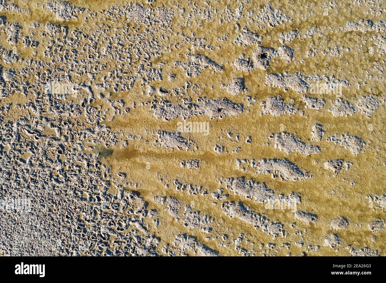 Salzhaltiger Boden in der Nähe der Salzwerke von Almadraba de Monteleva, Luftaufnahme, Drohnenaufnahme, Naturschutzgebiet Cabo de Gata-Nijar, Provinz Almeria, Andalusien Stockfoto
