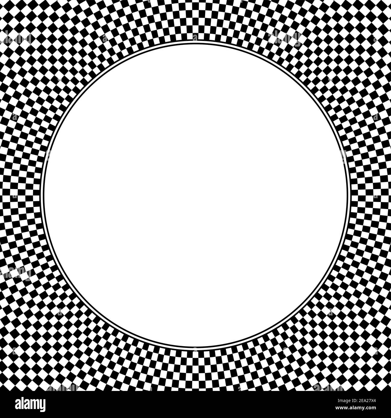 Quadratisch geformte Schachbrettmuster Hintergrund, mit leeren weißen Kreis in der Mitte. Karierte Musterstruktur, aus schwarzen und weißen Quadraten. Stockfoto