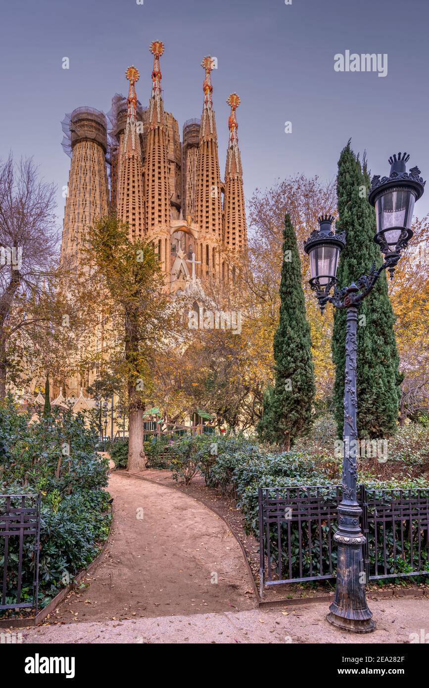 Die Passionsfassade der Basilika Sagrada Familia, Barcelona, Katalonien, Spanien Stockfoto