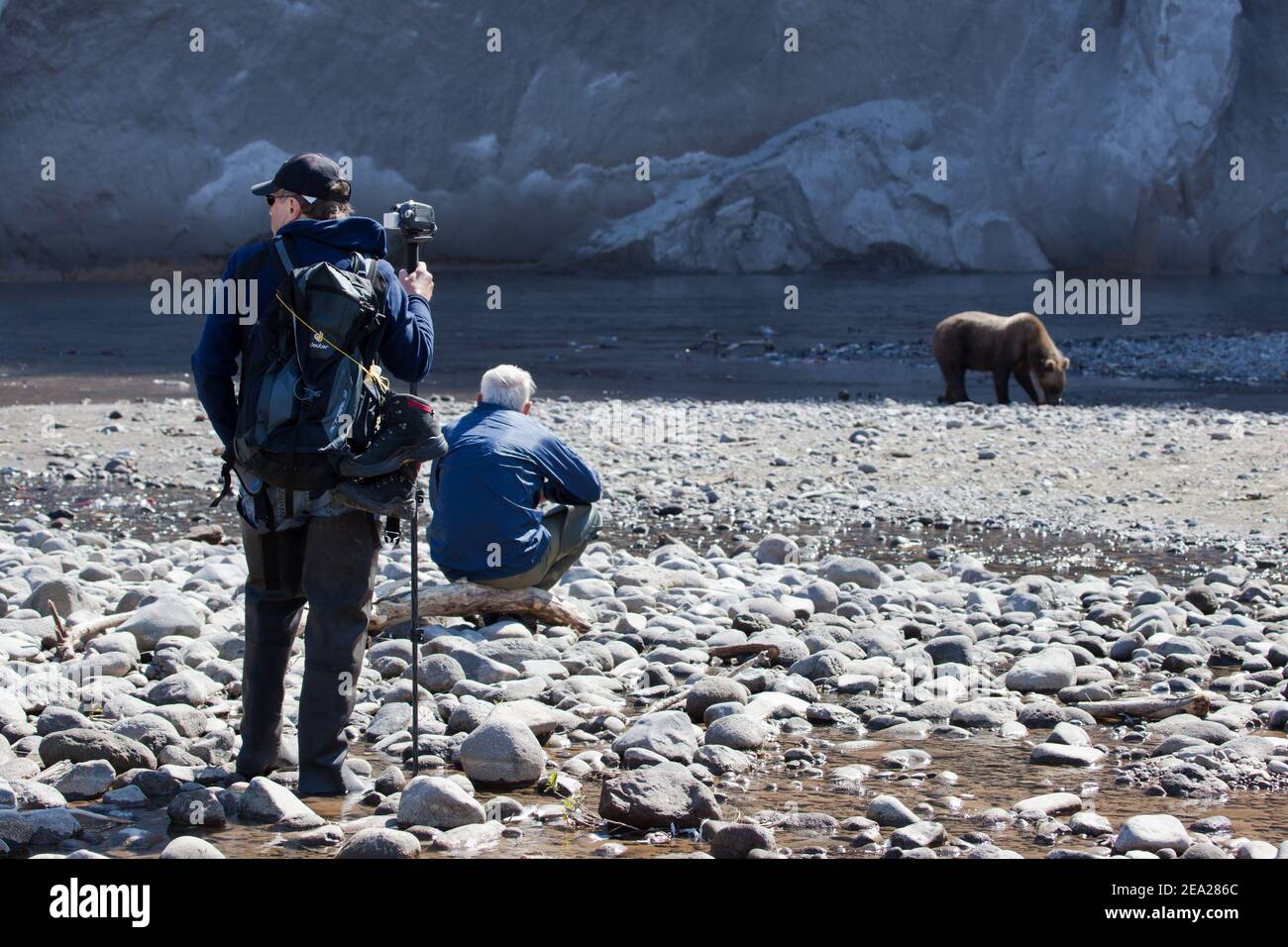 RUSSLAND, KAMTSCHATKA - AUGUST 27: Nicht identifizierte Touristen schauen einem wilden Bären in naher unsicherer Entfernung im Jahr 2012 Stockfoto