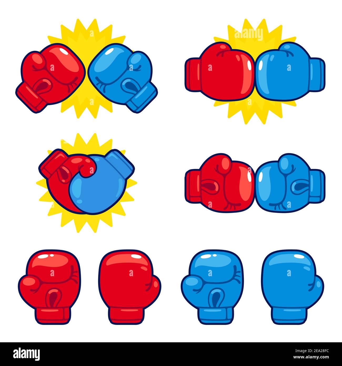 Cartoon rot vs blau Boxhandschuhe Set. Boxkampf Gegner, Wettbewerb Symbole. Isolierte Vektordarstellung. Stock Vektor