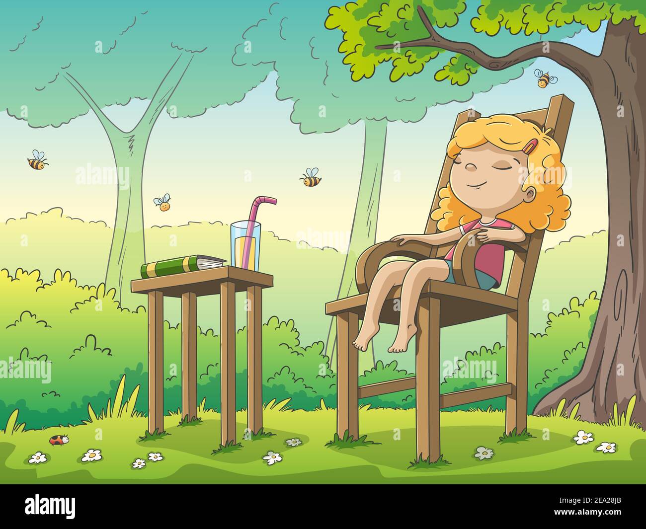 Mädchen entspannt im Garten. Handgezeichnete Vektorgrafik mit separaten Ebenen. Stock Vektor