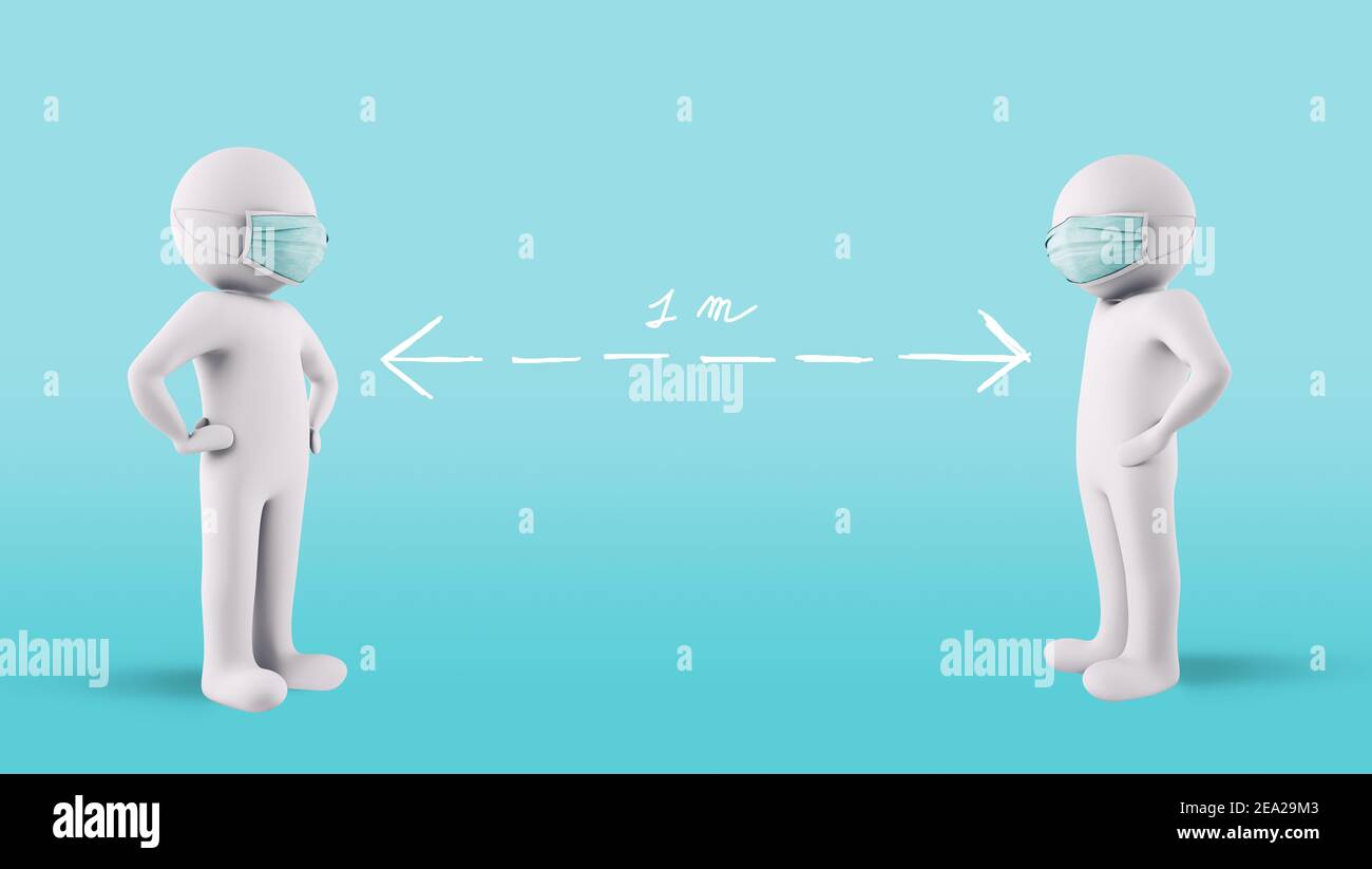 Ansteckungsschutz Konzept durch die Aufrechterhaltung der sozialen Distanzierung von 1 Meter und tragen Gesichtsmasken. 3D Rendern Stockfoto