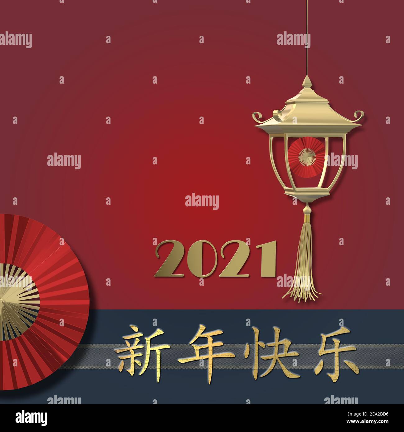 Chinesisches Neujahr 2021 auf rot-blauem Hintergrund. Gold Text glückliches chinesisches Neujahr, Ziffer 2021, Fächer, goldene Laterne. Design für Grüße, orientalische neue Ye Stockfoto