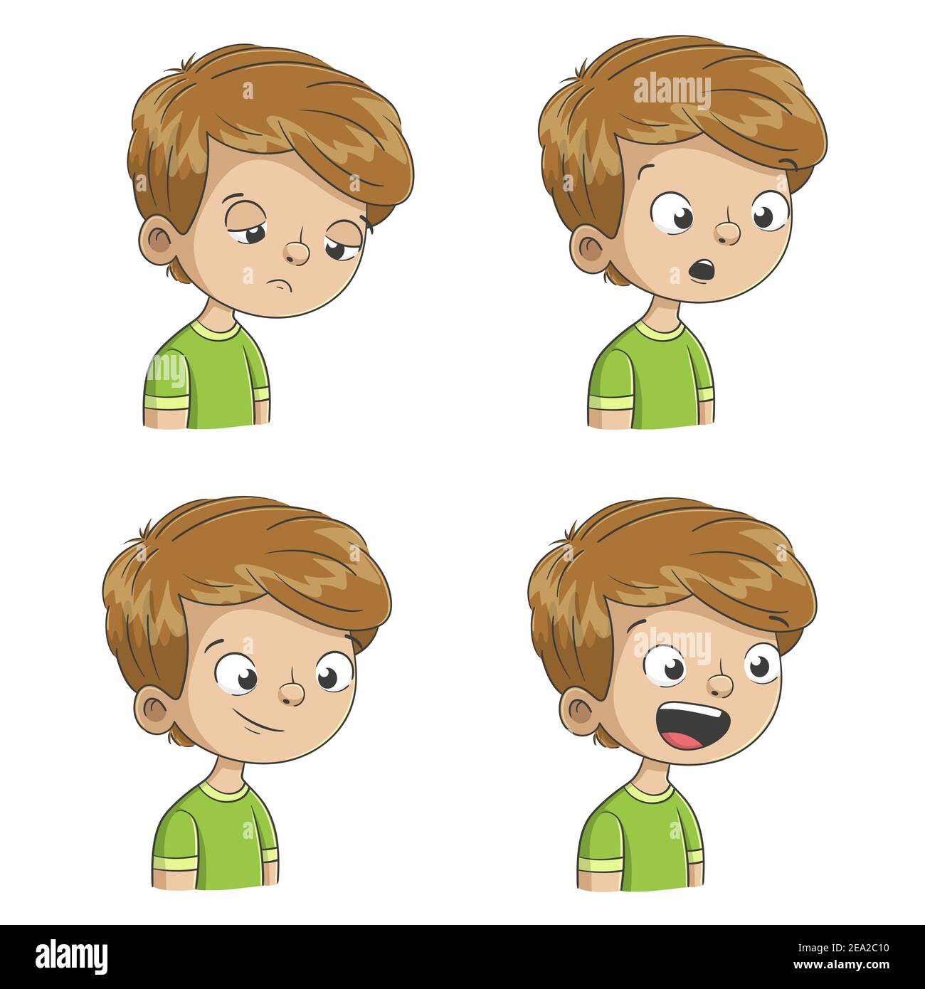 Boy zeigt vier Emotionen, traurig, überrascht, zufrieden, glücklich. Handgezeichnete Vektorgrafik mit separaten Ebenen. Stock Vektor