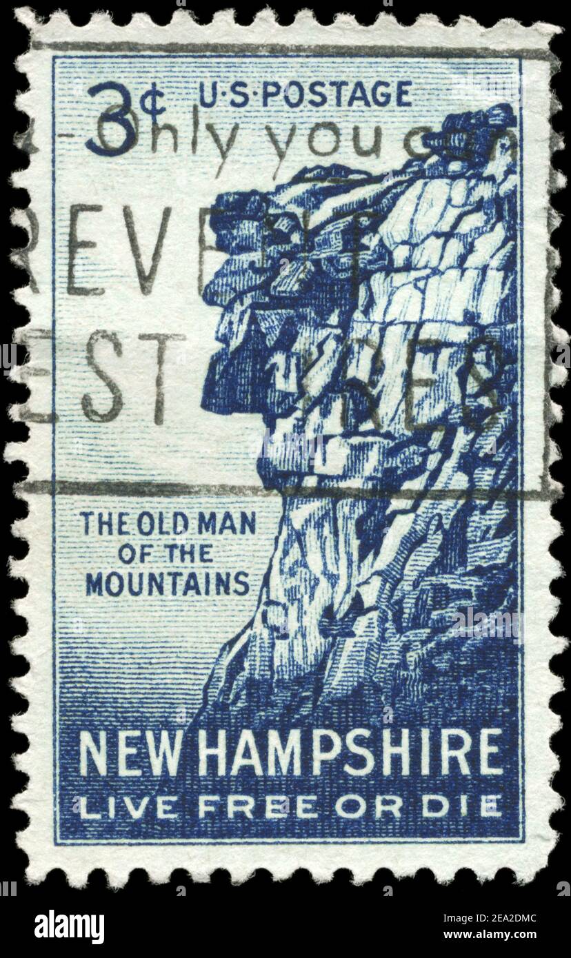 USA - UM 1955: Eine in den USA gedruckte Briefmarke zeigt Great Stone Face, New Hampshire Ausgabe, um 1955 Stockfoto