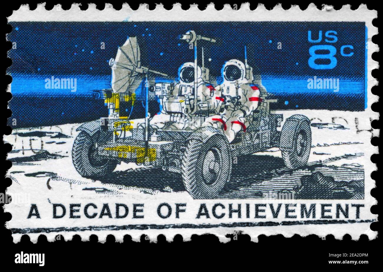 USA - UM 1971: Eine in den USA gedruckte Briefmarke zeigt den Lunar Rover, Apollo 15 Mondexplorationsmission Juli 26-August 7, Space Achievement Decade Ausgabe, c Stockfoto