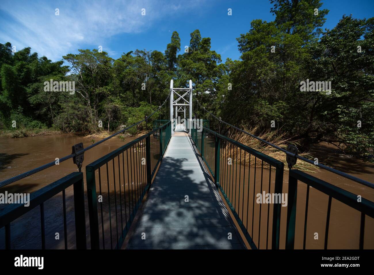 Die Hängebrücke über den Crocodile River im Nelspruit Botanischer Garten Stockfoto