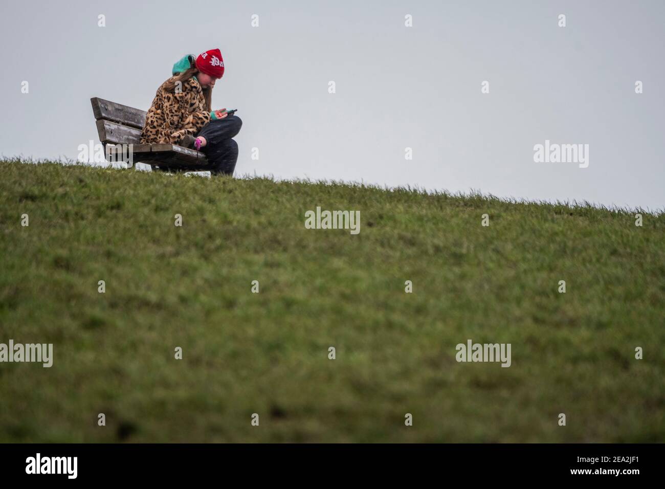 London, Großbritannien. Februar 2021, 7th. Eine Frau in einem Leopardenmuster-Mantel spielt mit ihrem Telefon trotz des leichten Schnees im Gesicht - EIN leichtes staubwischen os Schnee schlingt über einen kalten Parliament Hill. Es ist ziemlich voll, trotz Lockdown 3, wie die Menschen frische Luft und Bewegung suchen. Kredit: Guy Bell/Alamy Live Nachrichten Stockfoto