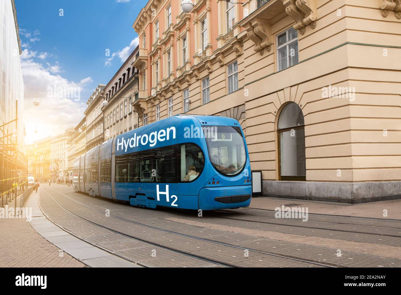 Eine Wasserstoff-Brennstoffzellen-Straßenbahn auf einer Stadtstraße Stockfoto