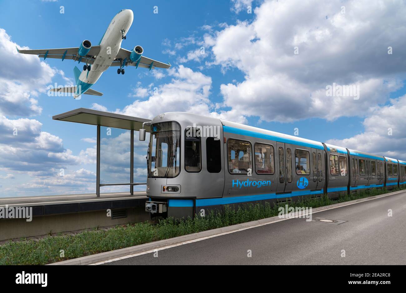Ein Wasserstoff-Brennstoffzellen-Zug und Flugzeug. Neue Energiequellen Stockfoto