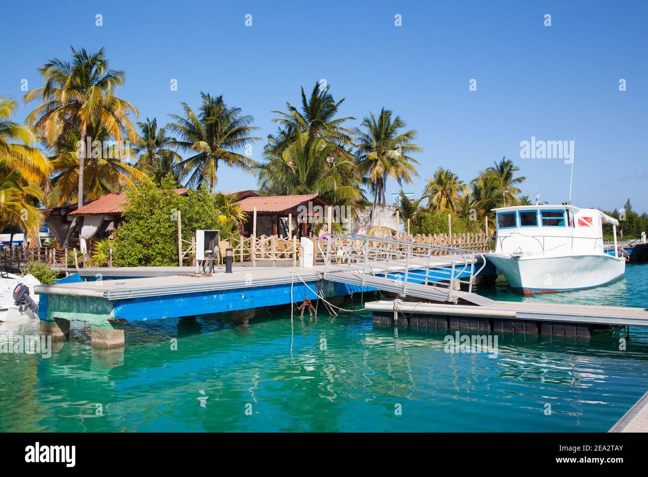 CAYO LARGO, KUBA: EIN Yachthafen auf der luxuriösen tropischen Insel Cayo Largo ist in Kuba. Boot auf dem Hintergrund von smaragdgrünen Wasser und Palmen Stockfoto