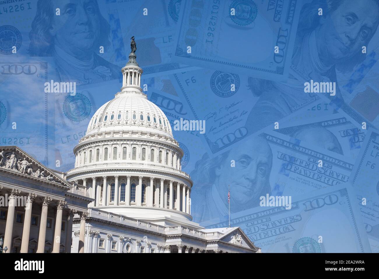 US National Capitol in Washington, DC. Das Gebäude des Kongresses der Vereinigten Staaten ist auf dem Hintergrund von 100 Dollar Scheinen. Collage Stockfoto