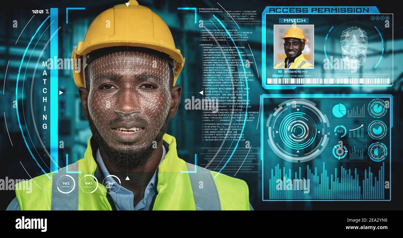 Gesichtserkennung Technologie für Industriearbeiter auf Maschinensteuerung zugreifen . Future Concept Interface zeigt digitales biometrisches Sicherheitssystem das Stockfoto